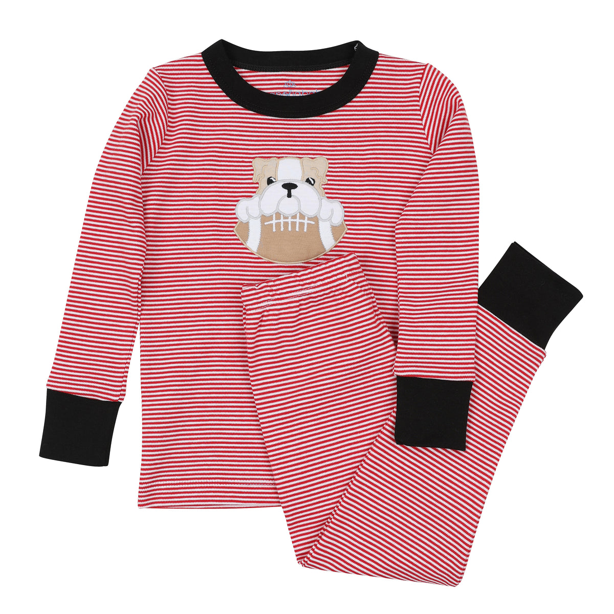 Boys’ red and white striped long pajama set with black cuffs and embroidered bulldog holding a football on the shirt.