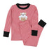 Boys’ red and white striped long pajama set with black cuffs and embroidered bulldog holding a football on the shirt.