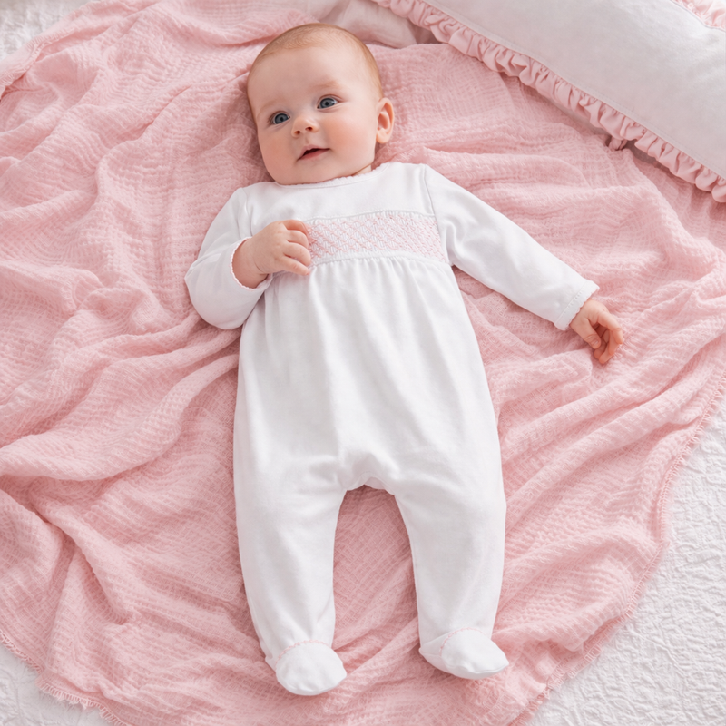 Essentials Smocked White Footie with Pink Trim