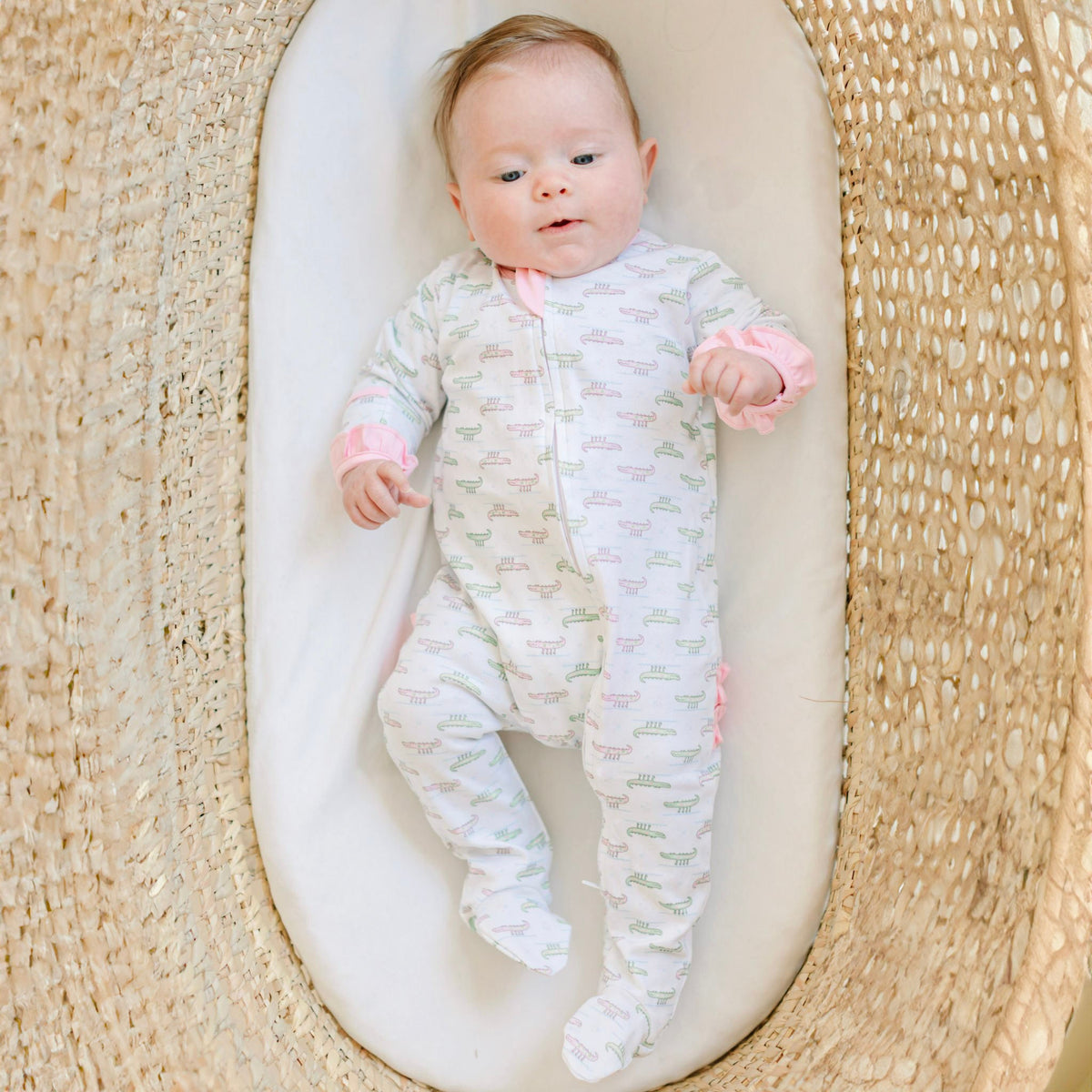 Alligator Pie Print Zip Footie - Pink - Magnolia BabyFootie