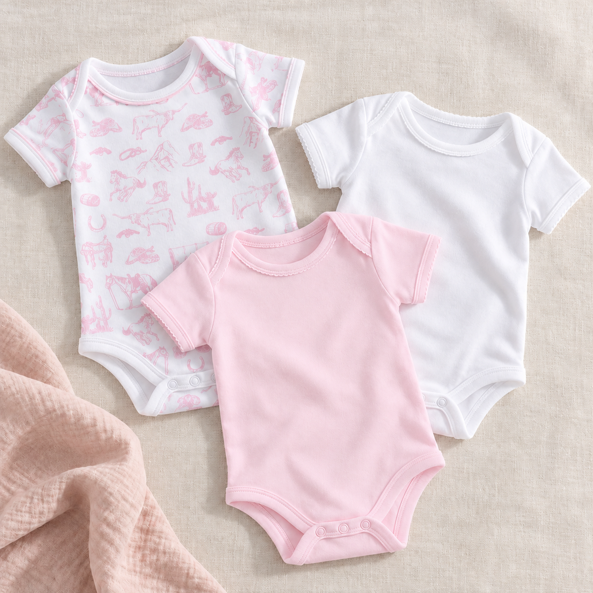Baby Girl Bodysuit Set - Wild West Toile and Essentials corrected flatlay