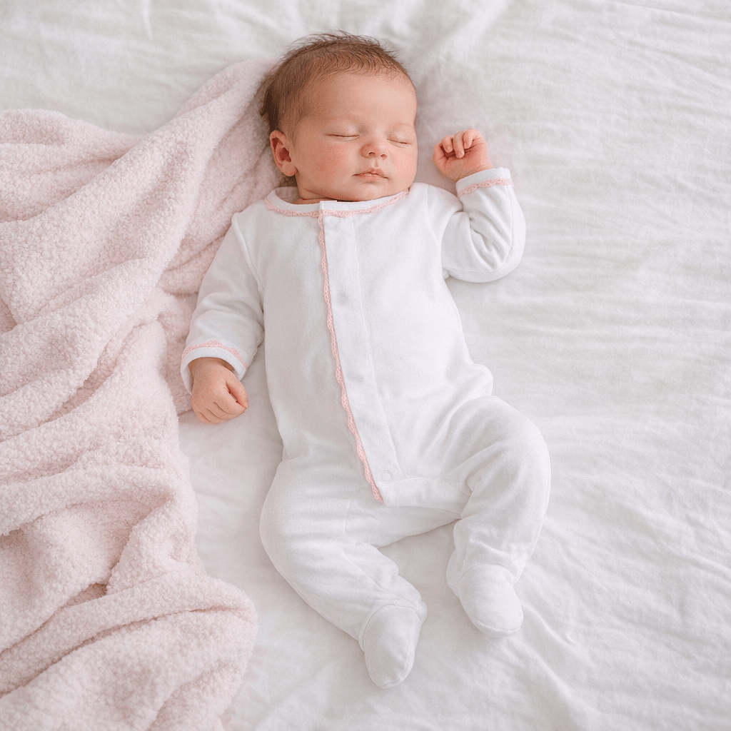 Baby Joy Footie with Pink Crochet Trim - Magnolia BabyFootie