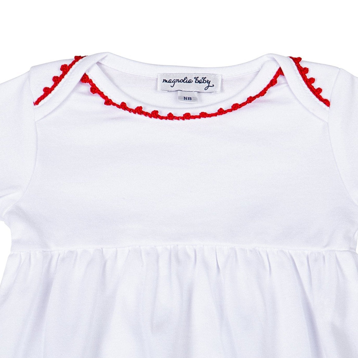 Baby Joy Gathered Gown with Red Crochet Trim - Magnolia BabyGown
