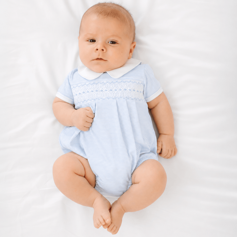 Benjamin Smocked Short Sleeve Bubble - Light Blue