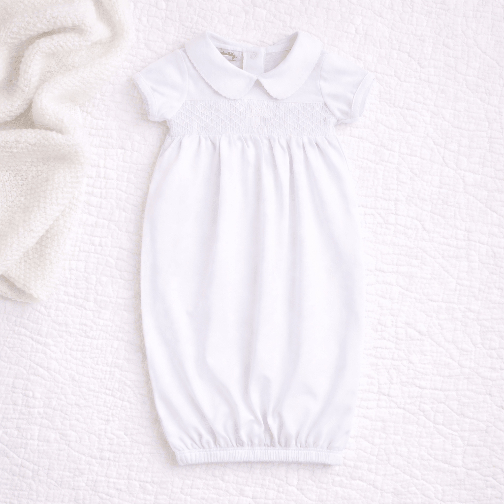 Blessed Smocked Short Sleeve Gown - White - Magnolia BabyGown