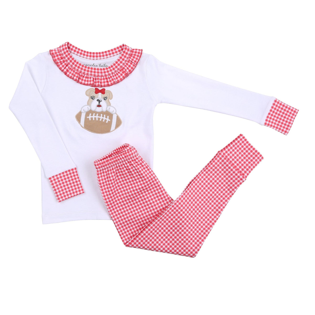 Bulldog Football Applique Girl Ruffle Long Pajamas - Magnolia BabyLong Pajamas