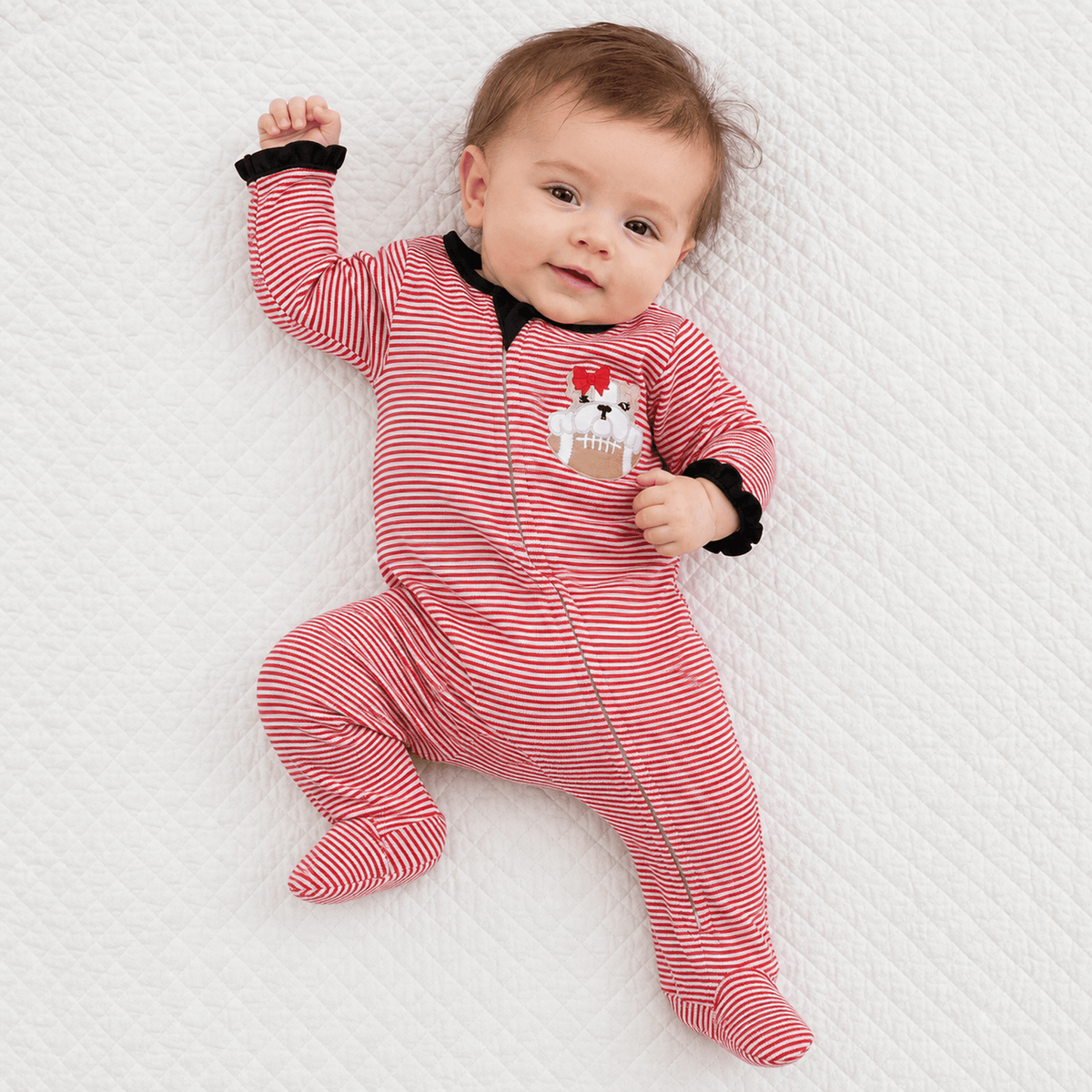 Magnolia Baby_Bulldog Pride Applique Ruffle Zip Footie_1