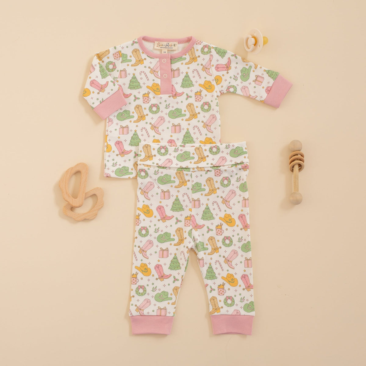 Luna and Arlo_Cowboy Christmas Pant Set - Dusty Rose_1