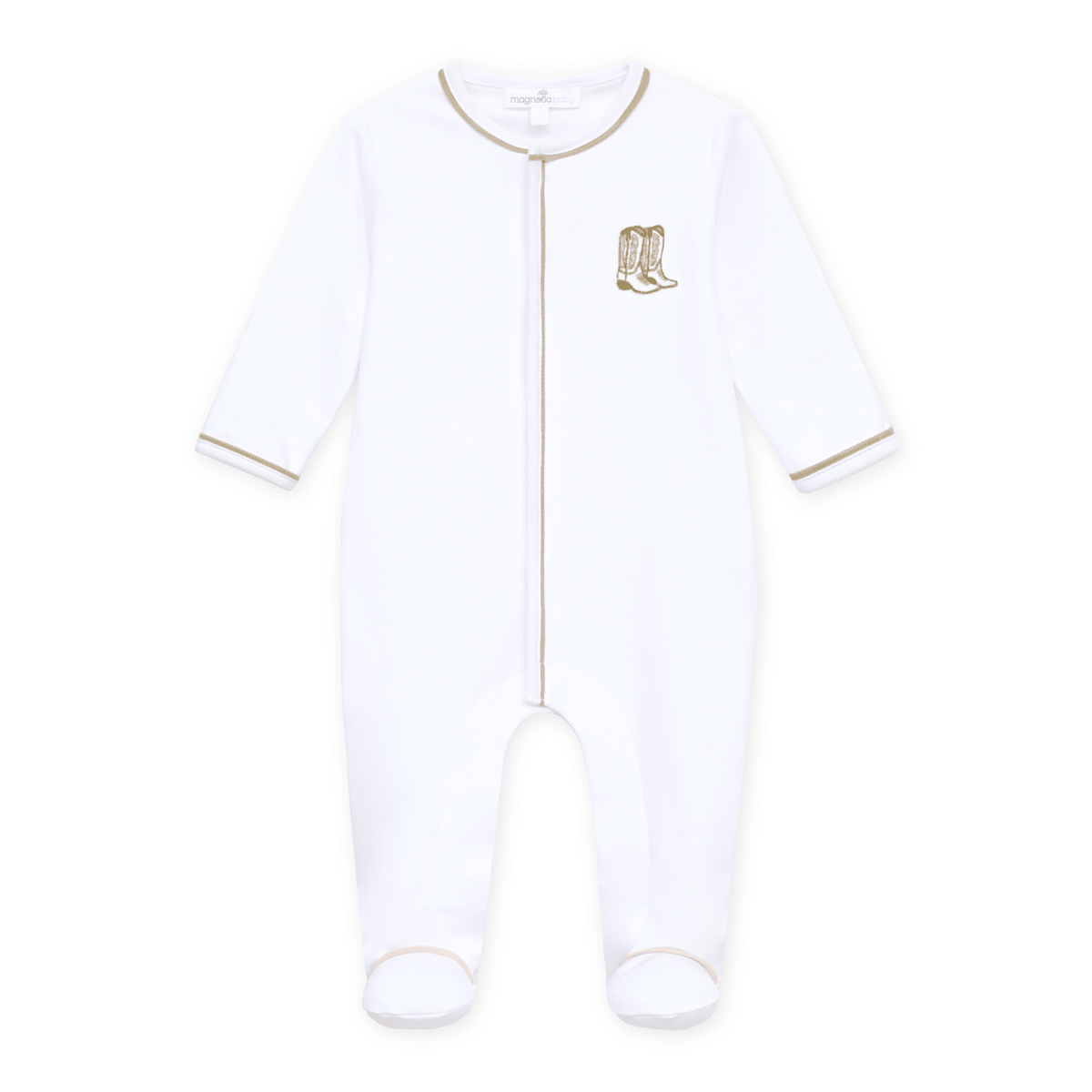 Darling Cowboy Boots Hand-Embroidered Footie - Ivory - Magnolia BabyFootie