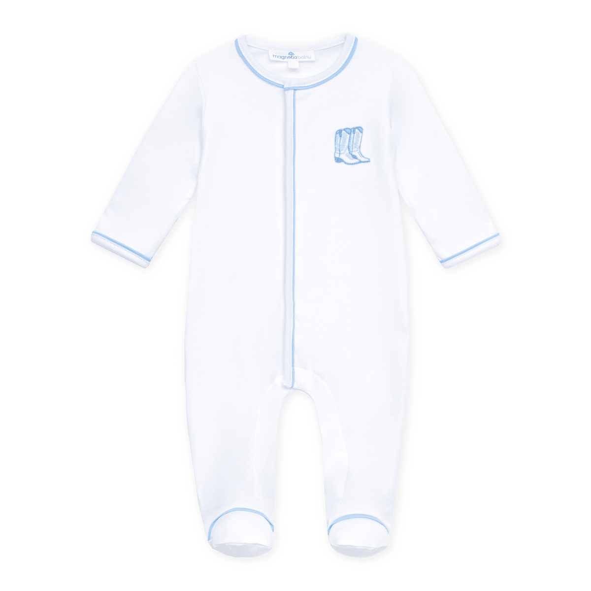 Darling Cowboy Boots Hand-Embroidered Footie - Light Blue - Magnolia BabyFootie