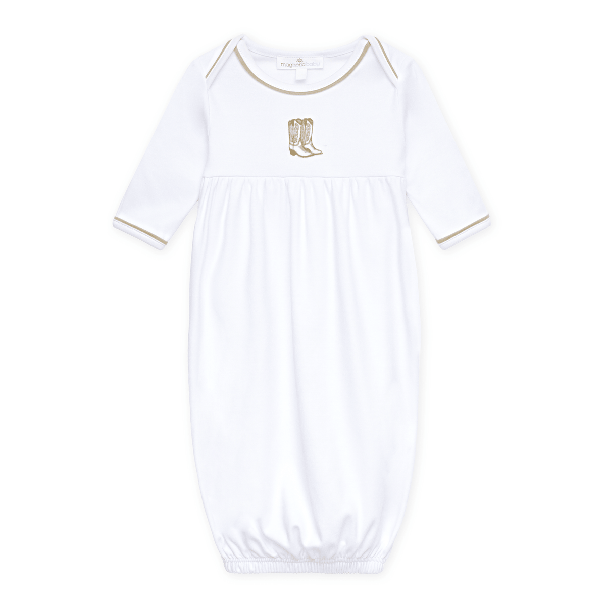 Darling Cowboy Boots Hand-Embroidered Gathered Gown - Ivory - Magnolia BabyGown