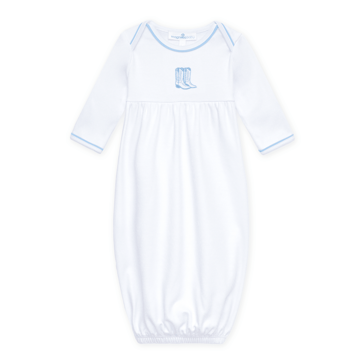 Darling Cowboy Boots Hand-Embroidered Gathered Gown - Light Blue - Magnolia BabyGown