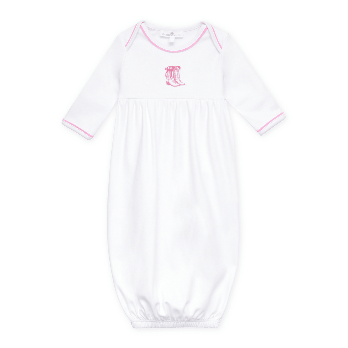 Darling Cowboy Boots Hand-Embroidered Gathered Gown - Pink - Magnolia BabyGown