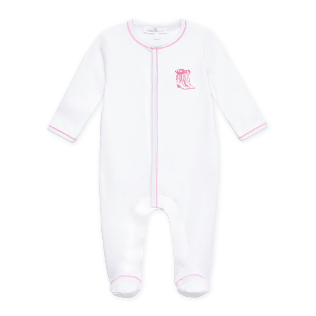 Darling Cowboy Boots Hand-Embroidered Ruffle Footie - Pink - Magnolia BabyFootie