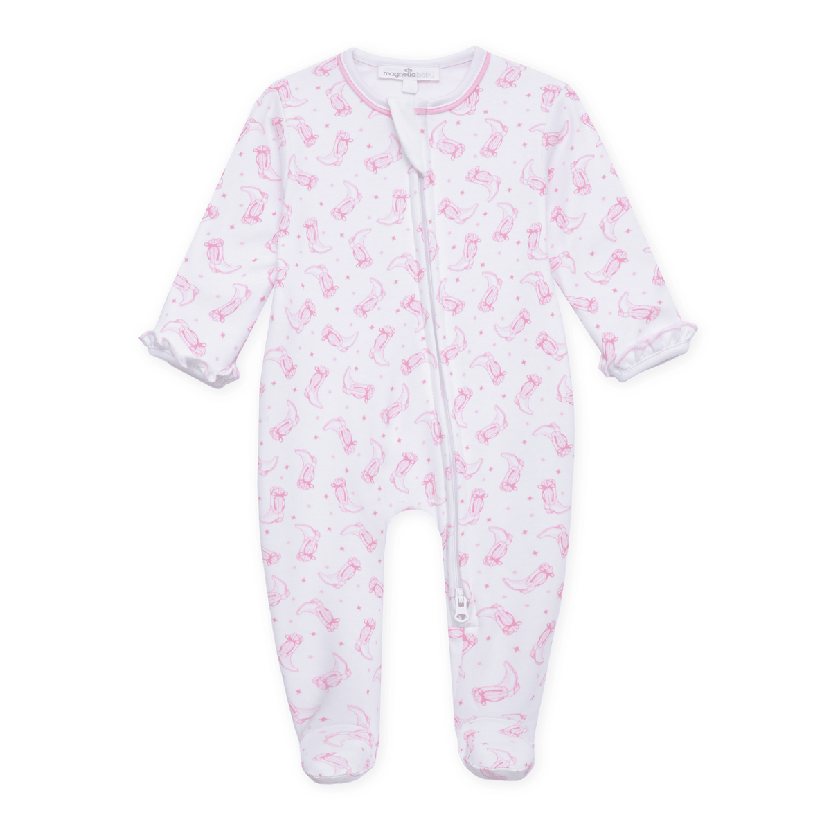 Darling Cowboy Boots Print Ruffle Zip Footie - Pink - Magnolia BabyFootie