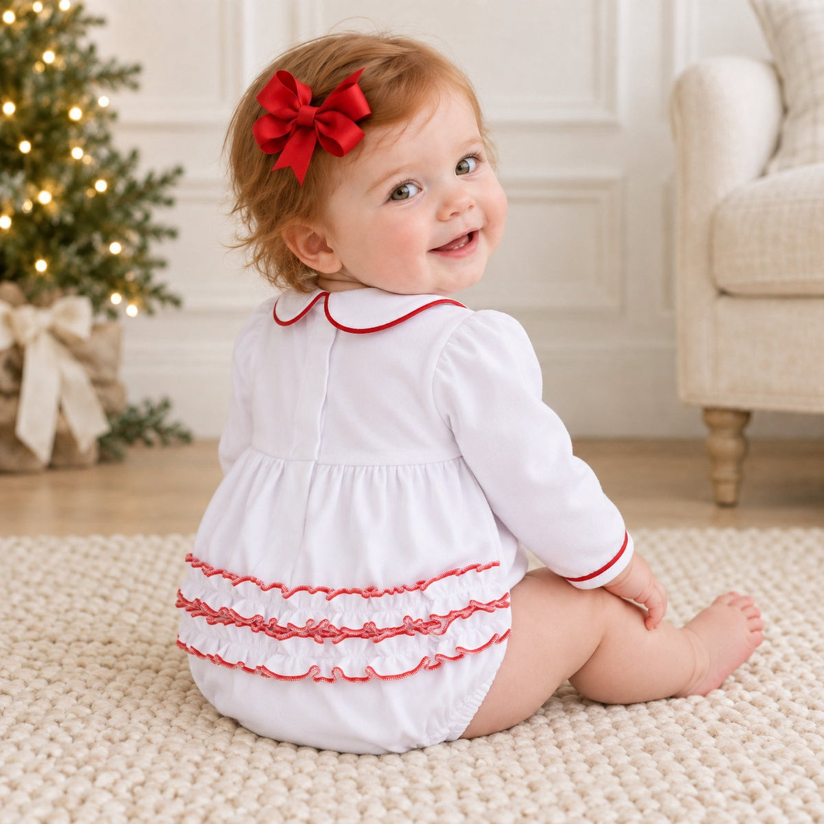 Magnolia Baby_Essentials Collared Ruffle Long Sleeve Girl Bubble - White with Red_2