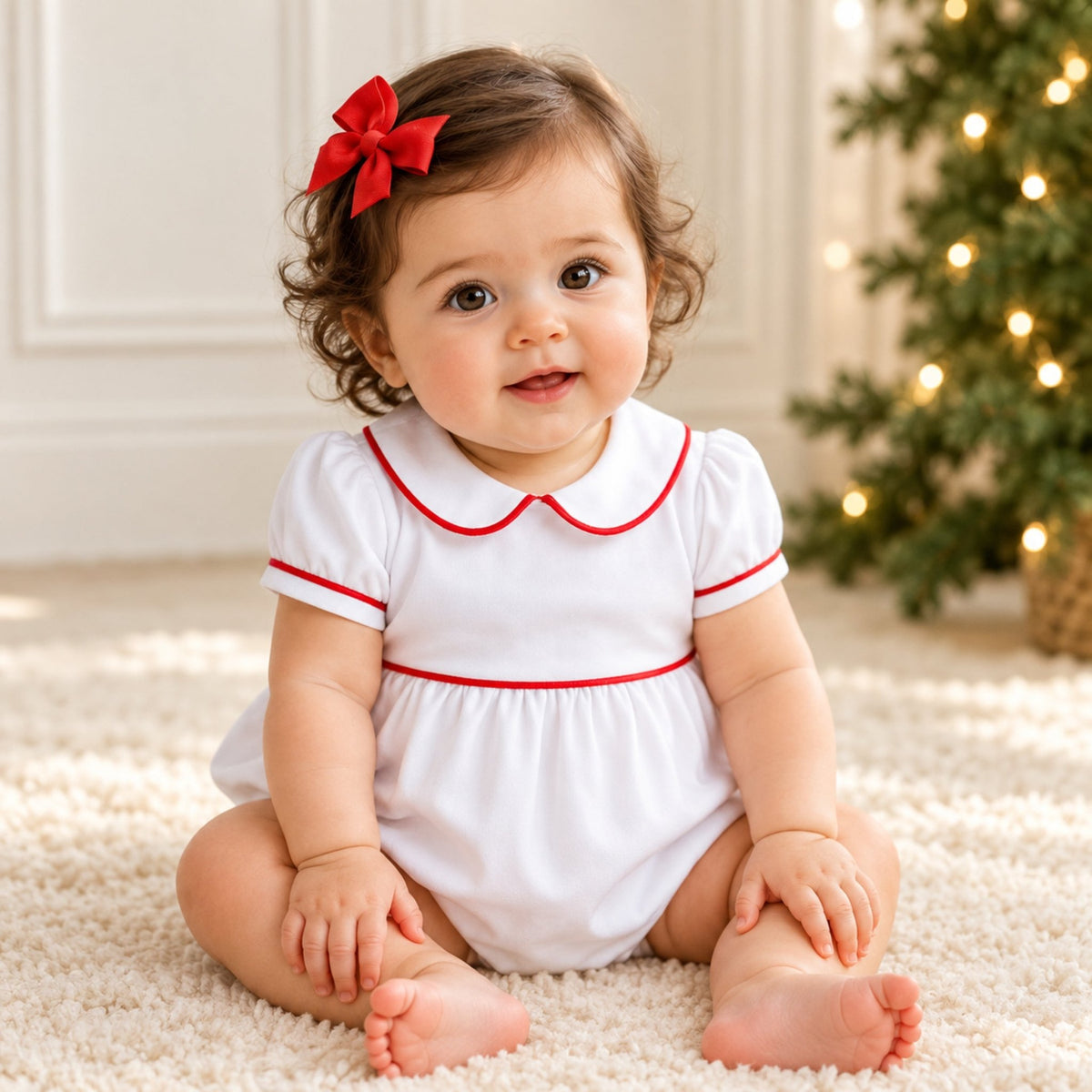 Magnolia Baby_Essentials Collared Ruffle Short Sleeve Girl Bubble - White with Red_1