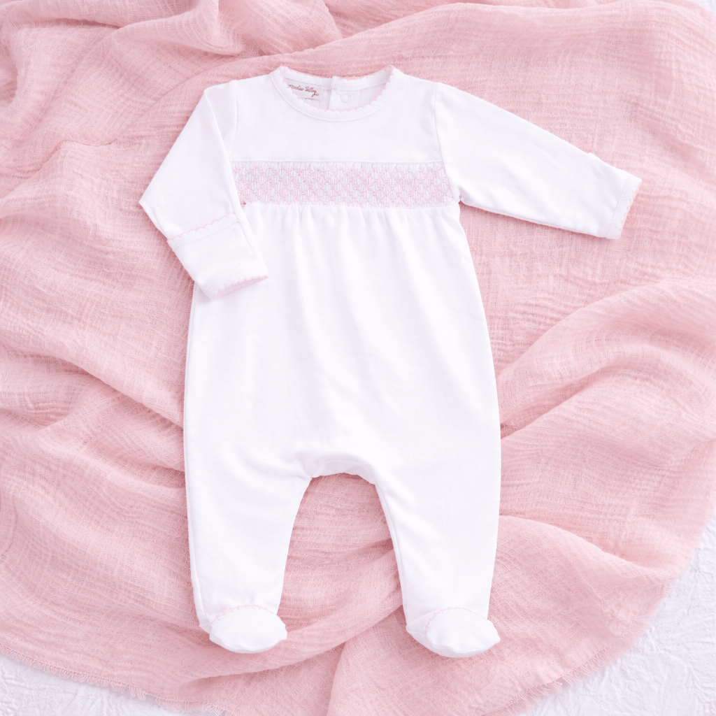 Essentials Smocked Footie with Pink Trim - Magnolia BabyFootie