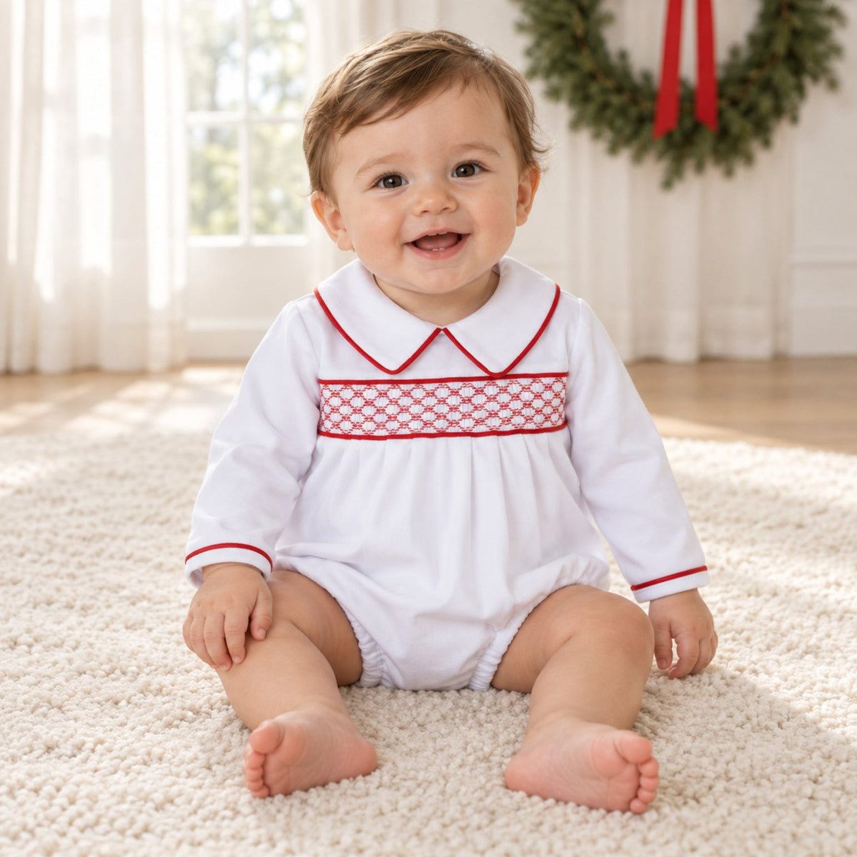 Magnolia Baby_Essentials Smocked Long Sleeve Boy Bubble - White with Red_1