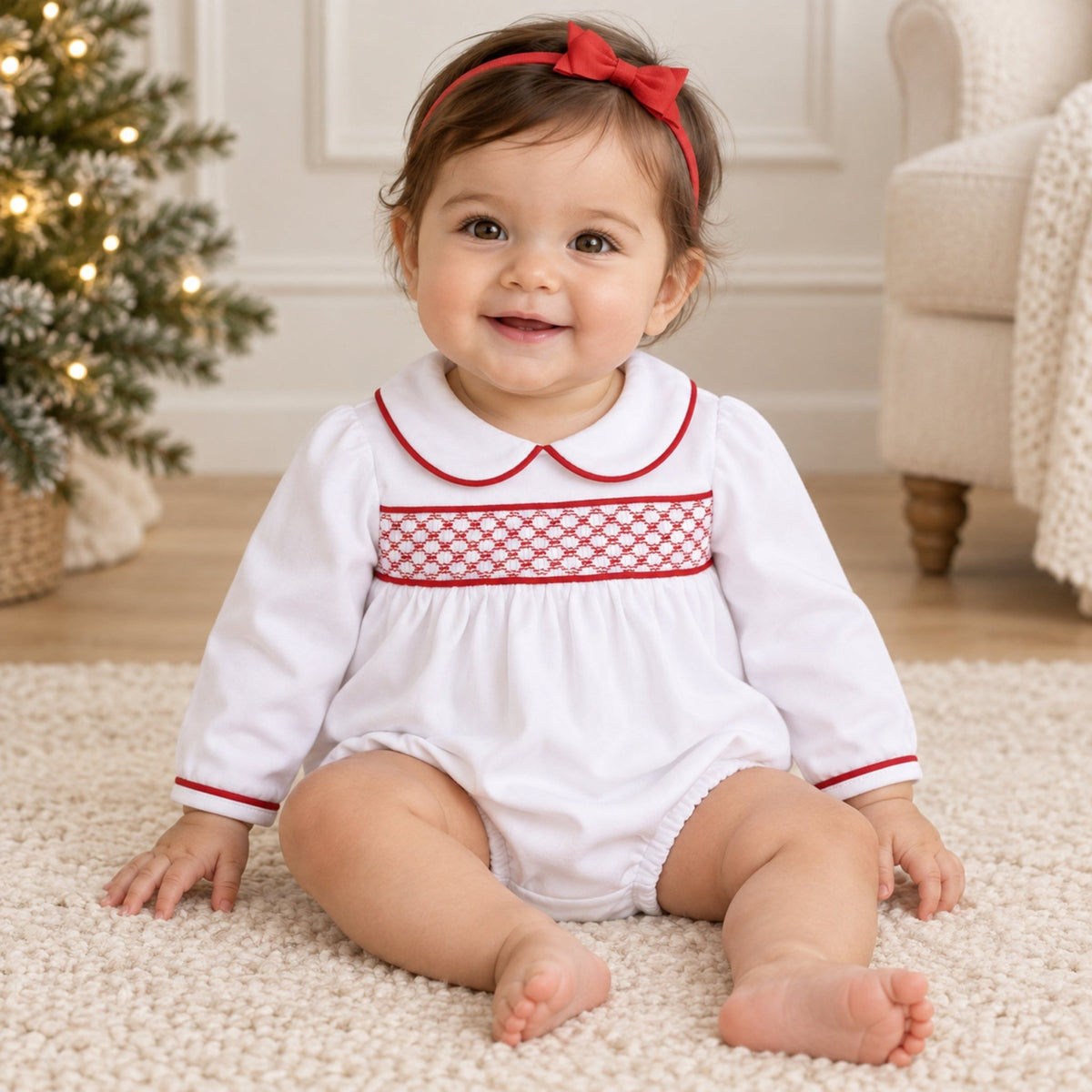 Magnolia Baby_Essentials Smocked Long Sleeve White Bubble - Red Trim_1