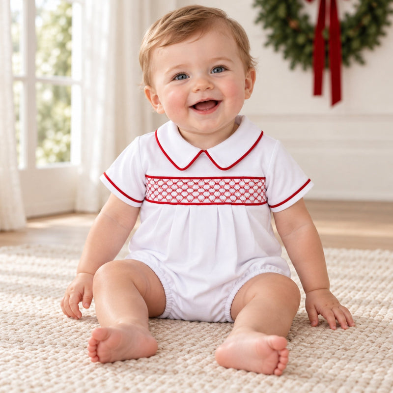Magnolia Baby_Essentials Smocked Short Sleeve Boy Bubble - White with Red_1