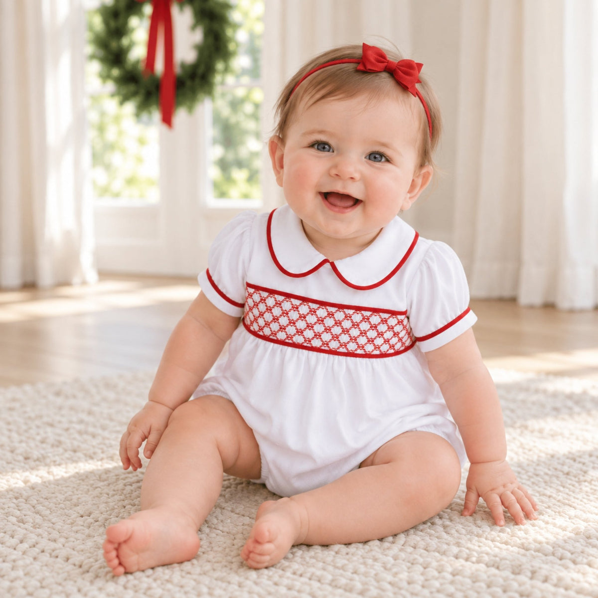 Magnolia Baby_Essentials Smocked Short Sleeve Girl Bubble - White with Red_1