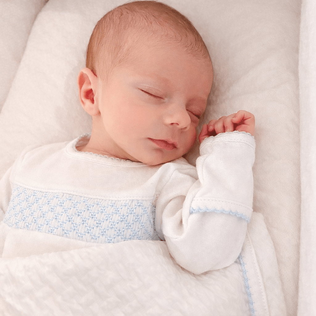 Essentials Smocked White Footie with Blue Trim - Magnolia BabyFootie