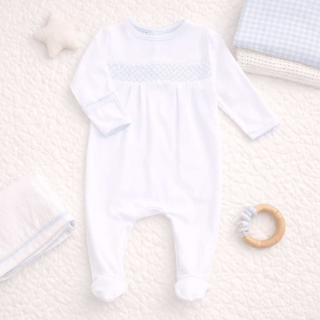 Essentials Smocked White Footie with Blue Trim - Magnolia BabyFootie