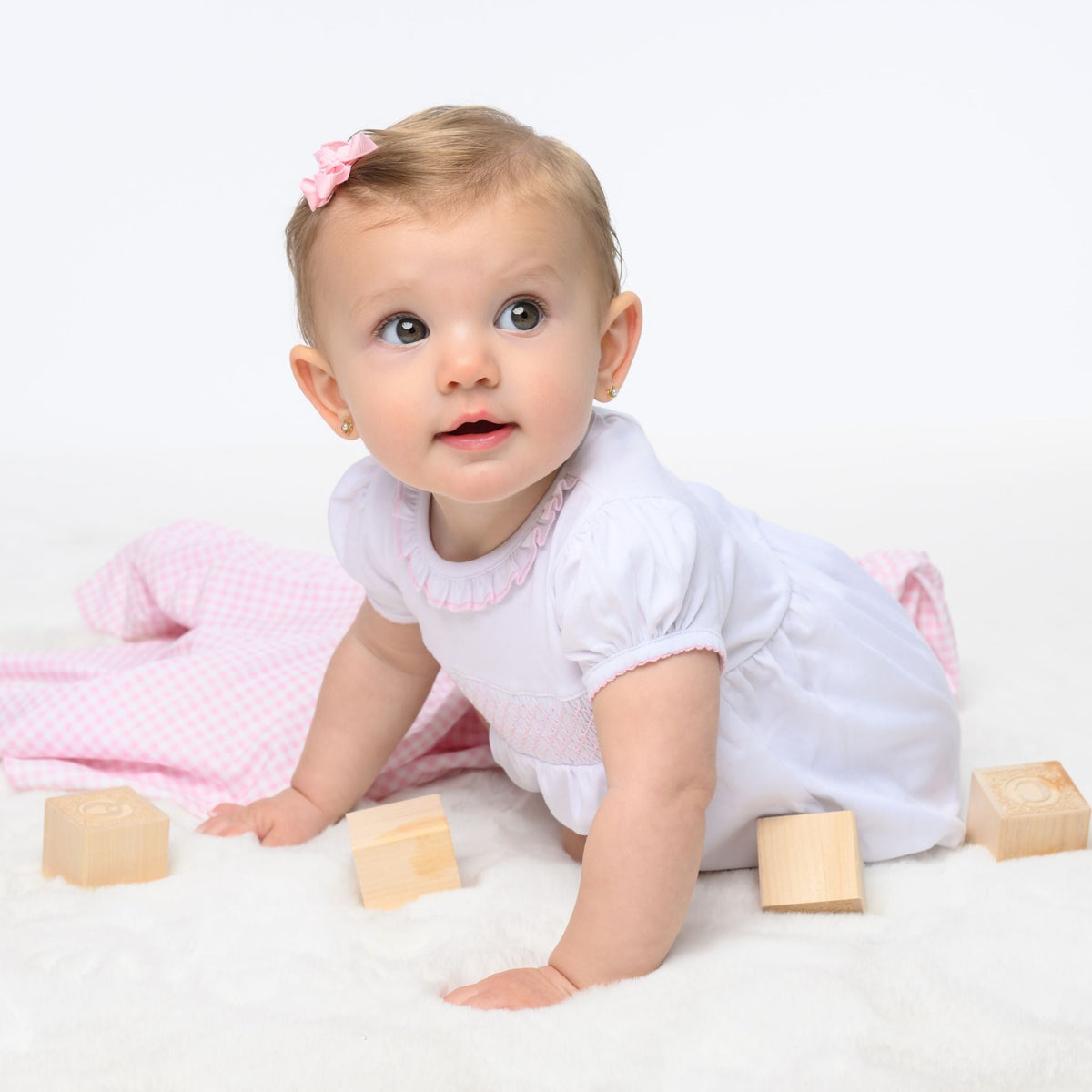 Essentials Solid Smocked Bubble - White Pink - Magnolia BabyBubble