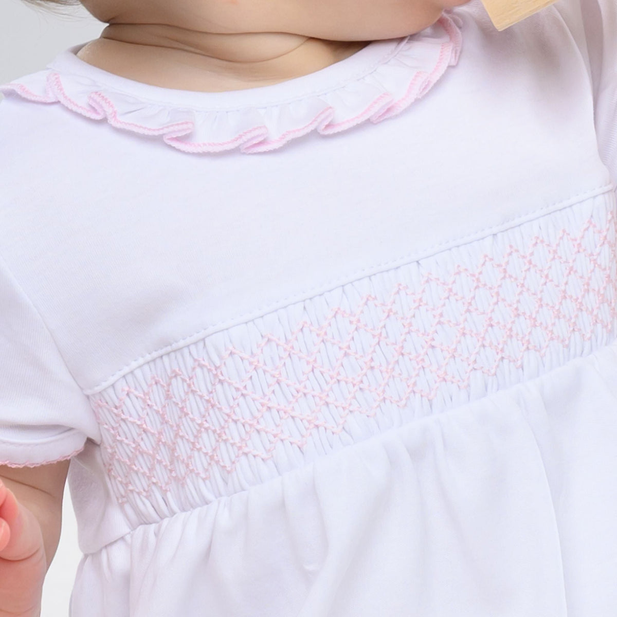 Essentials Solid Smocked Bubble - White Pink - Magnolia BabyBubble