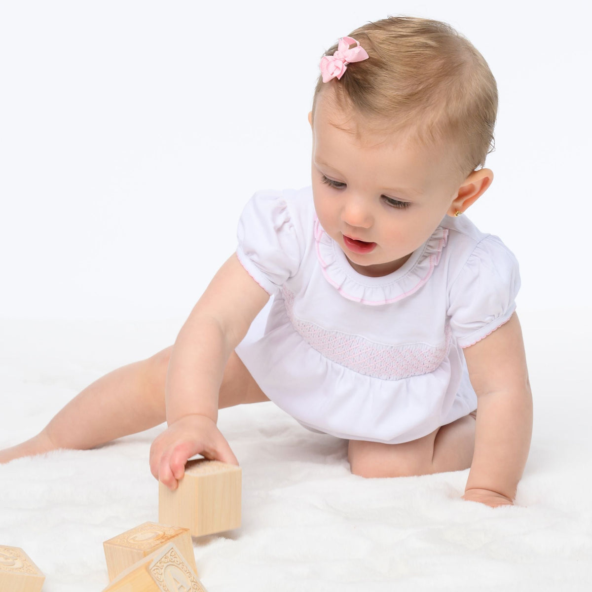 Essentials Solid Smocked Bubble - White Pink - Magnolia BabyBubble