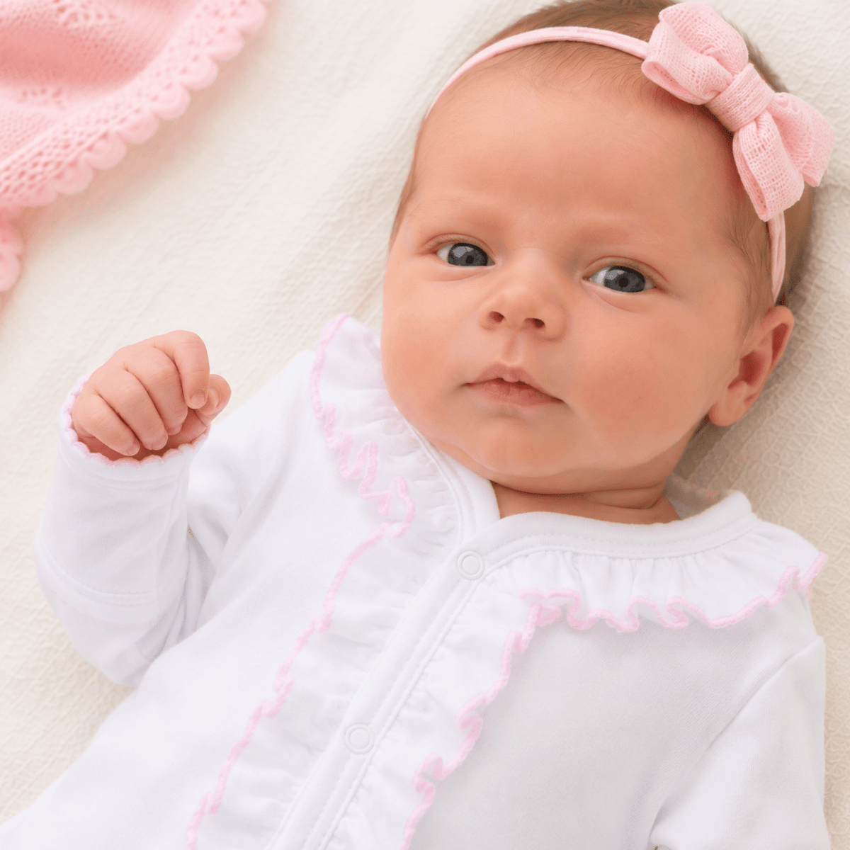 Essentials White Ruffle Footie with Pink Trim - Magnolia BabyFootie