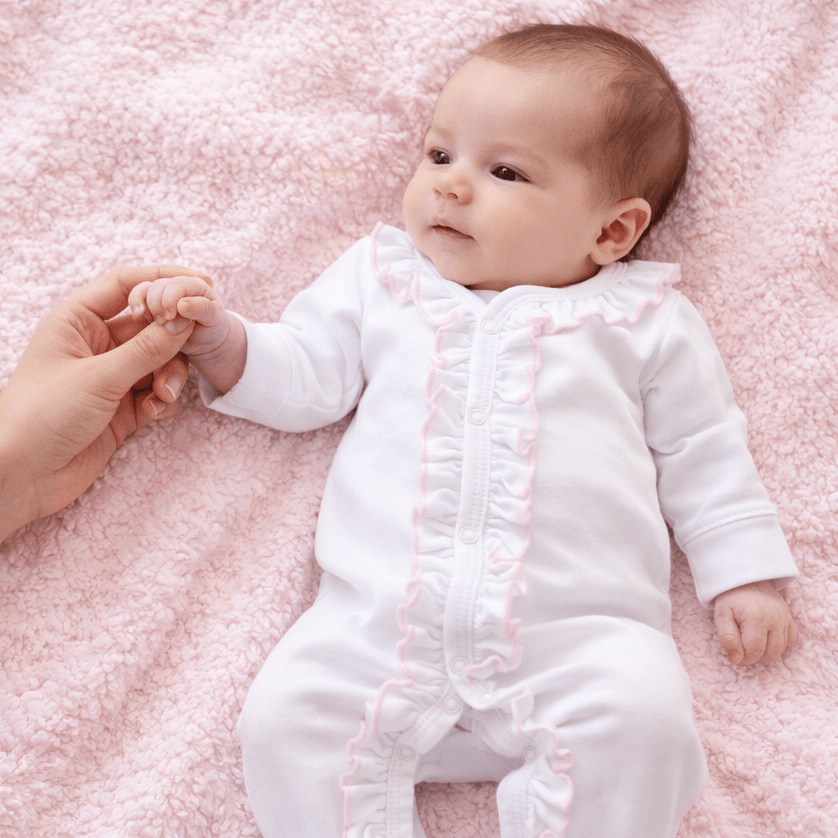 Essentials White Ruffle Footie with Pink Trim - Magnolia BabyFootie