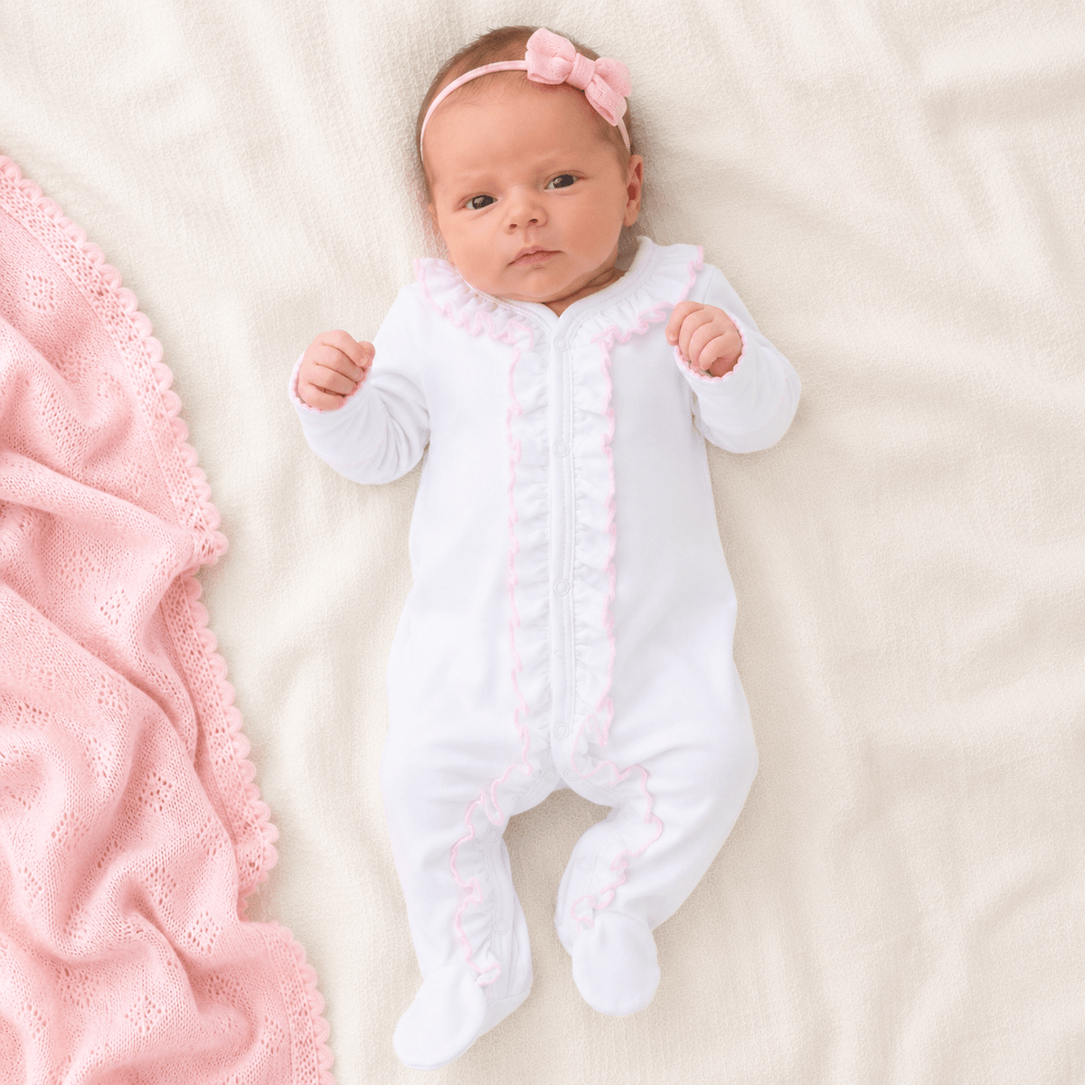 Essentials White Ruffle Footie with Pink Trim - Magnolia BabyFootie