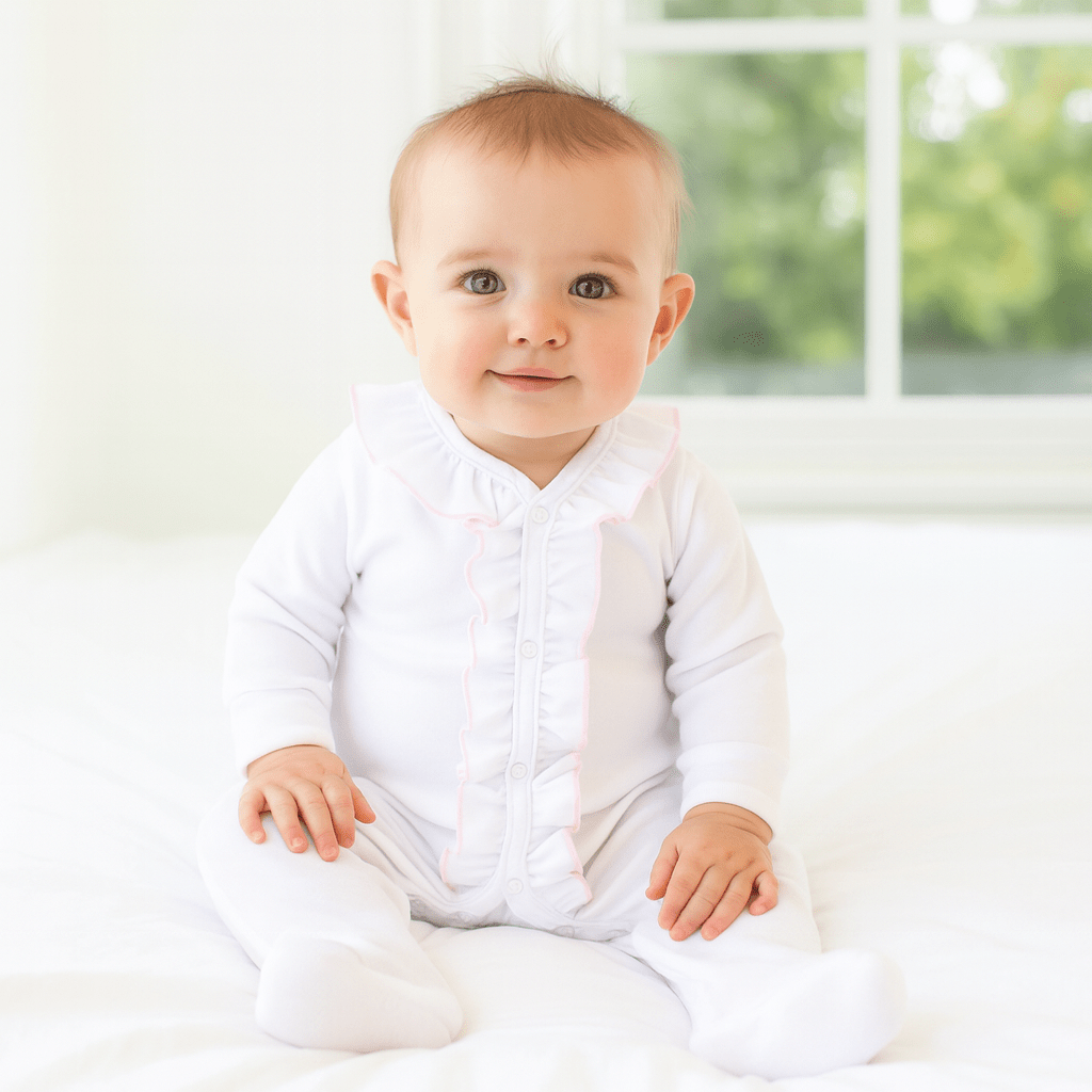Essentials White Ruffle Footie with Pink Trim - Magnolia BabyFootie