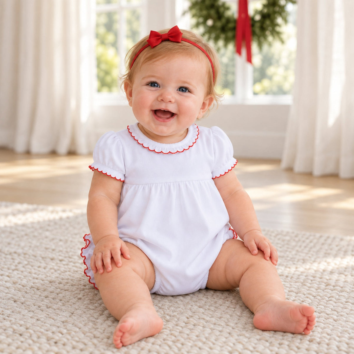 Magnolia Baby_Essentials White Ruffle Short Sleeve Bubble - Red Trim_1