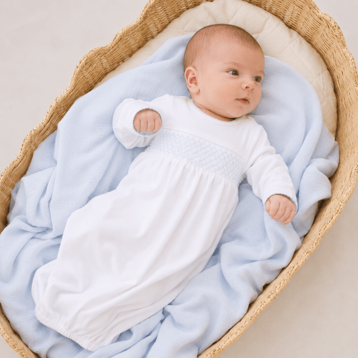 Essentials White Smocked Gown with Blue Trim - Magnolia BabyGown
