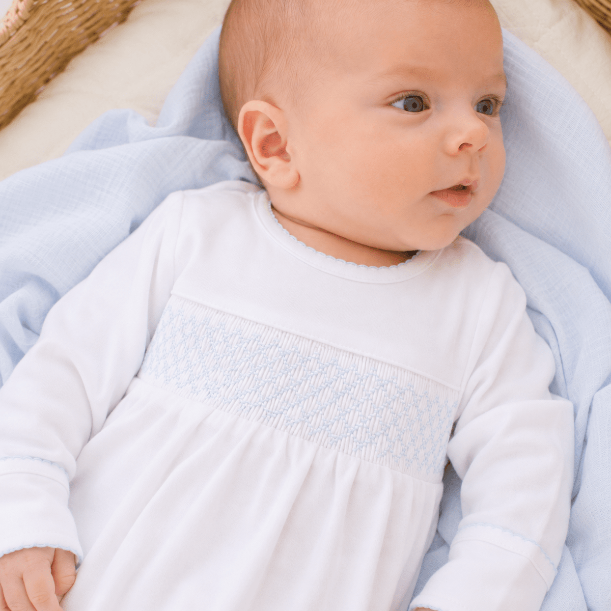 Essentials White Smocked Gown with Blue Trim - Magnolia BabyGown