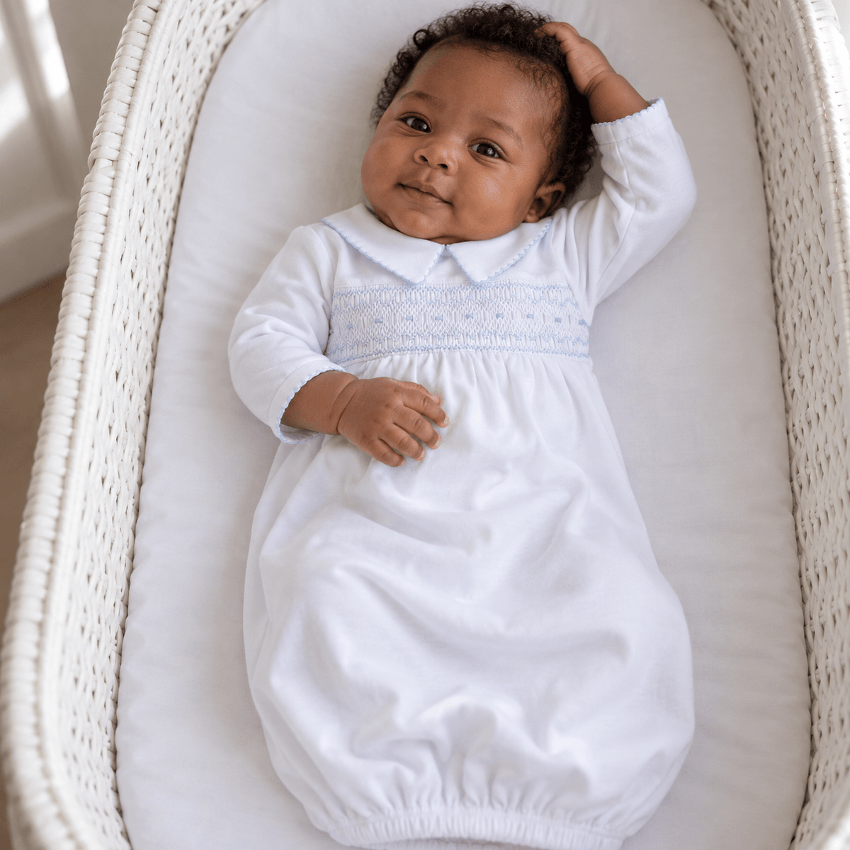 Magnolia Baby_George Smocked Gown - White Light Blue_1