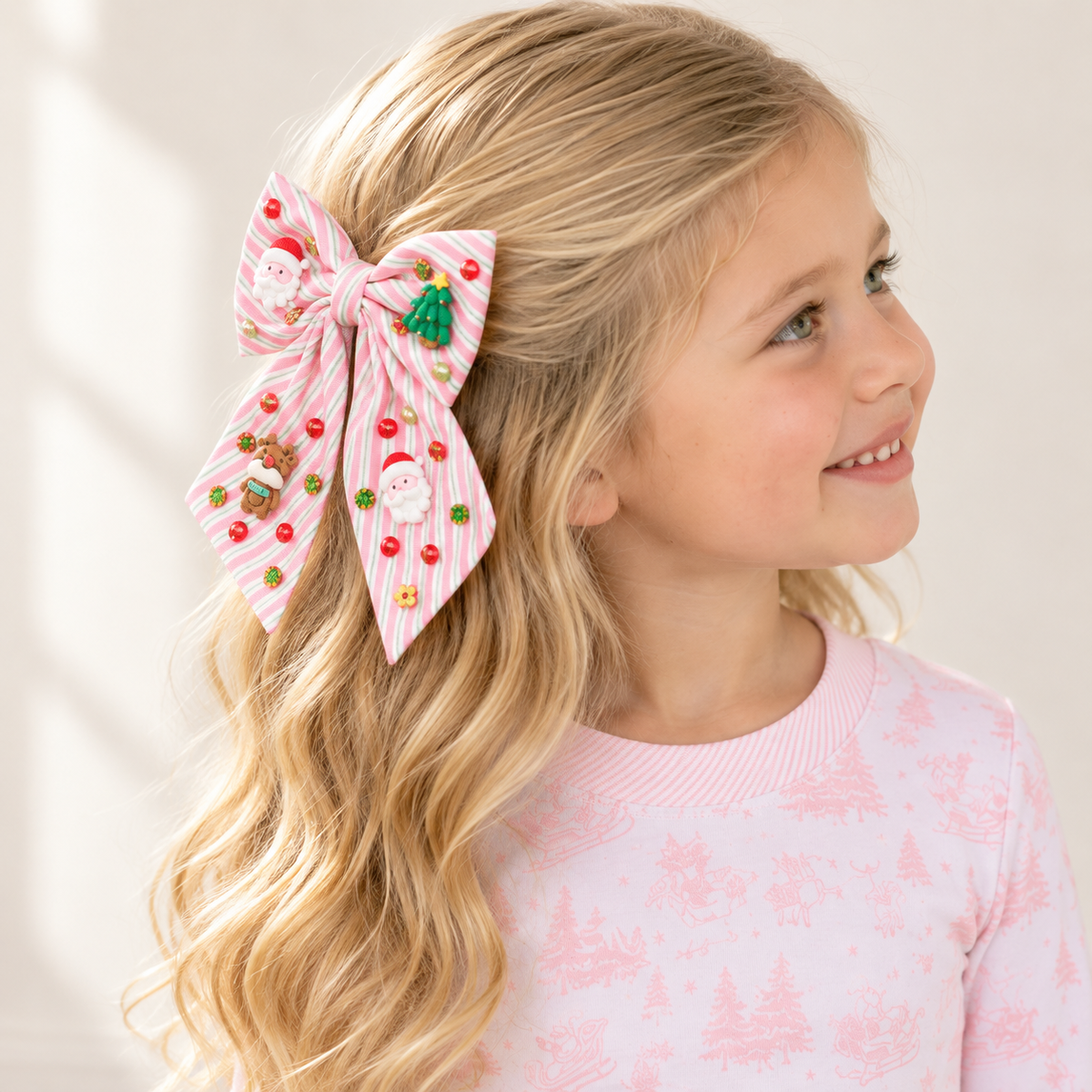 Girl Christmas Pajamas + Poppyland Hair Bow - Holiday Toile