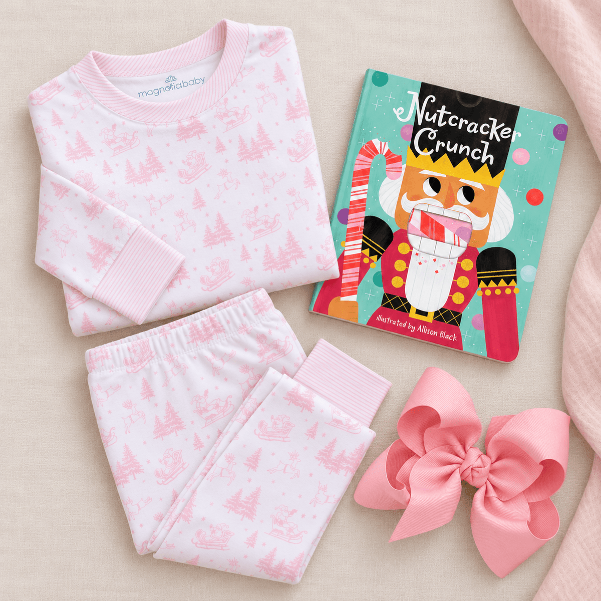Magnolia Baby_Girl Christmas Pajamas Gift Set - Pink Holiday Toile_1