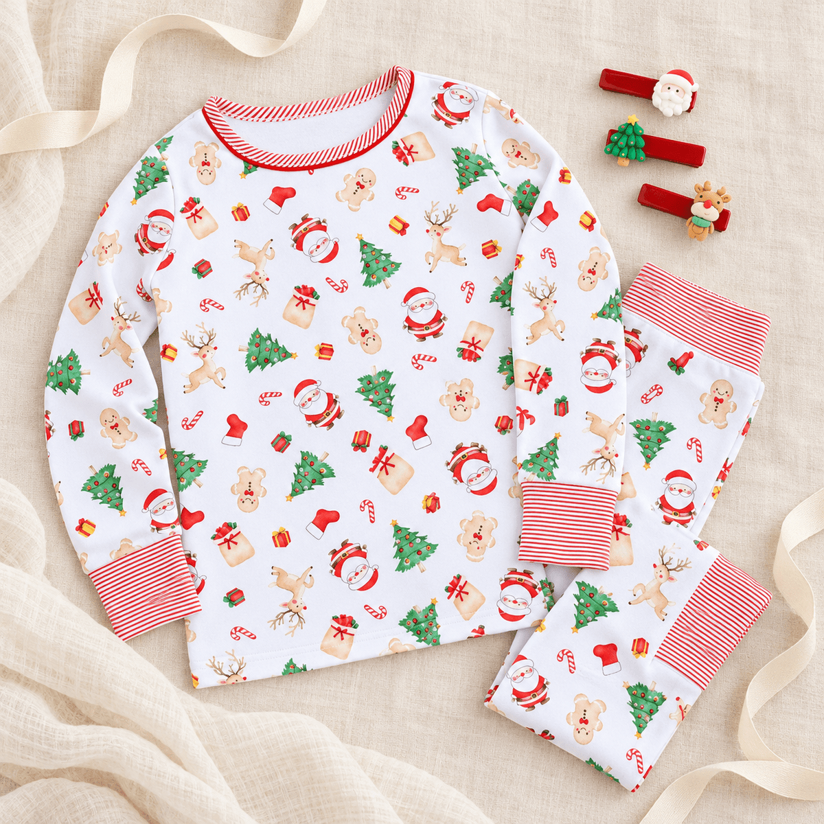 Magnolia Baby_Girl Christmas Pajamas + Poppyland Hair Pins Gift Set - Christmas Magic_2