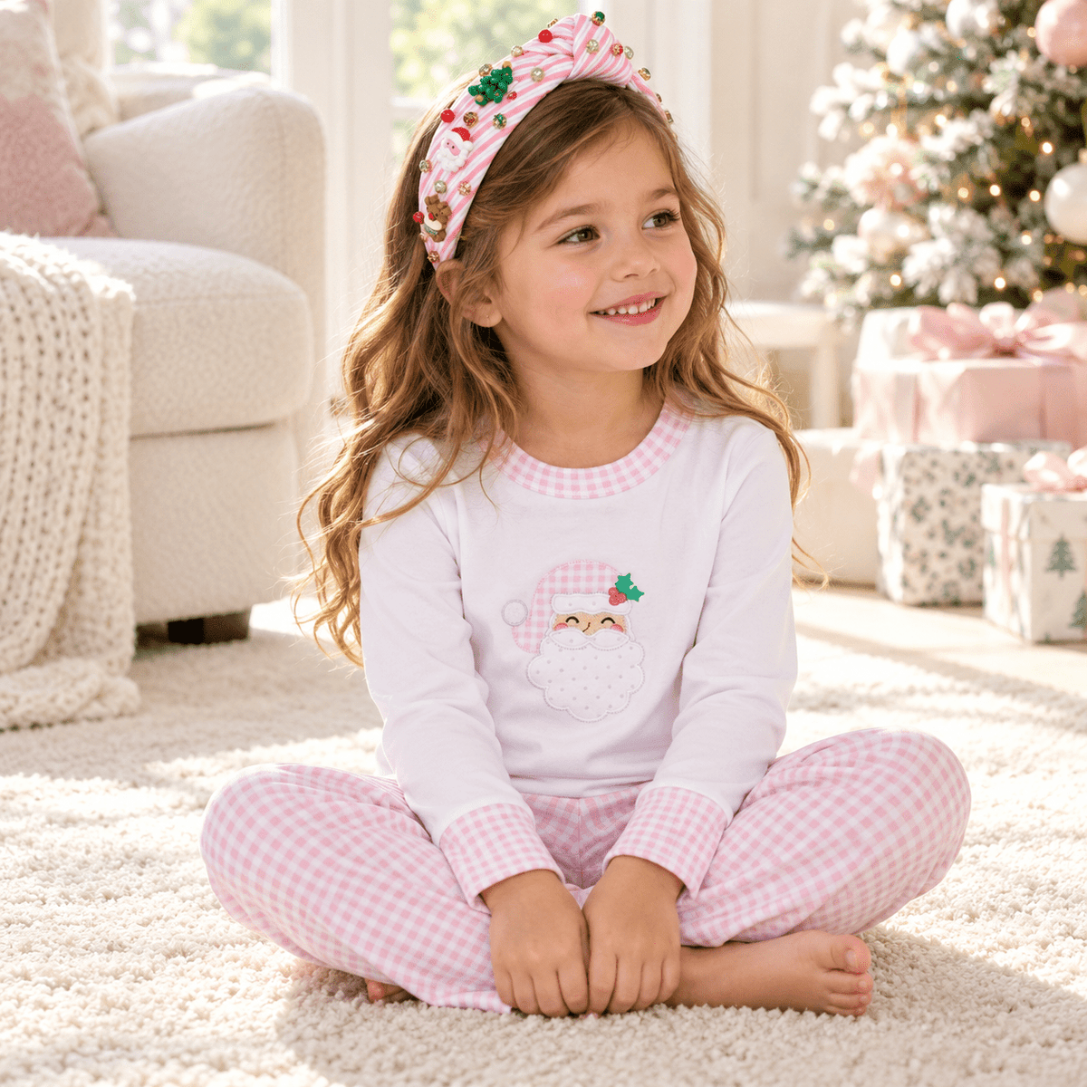 Magnolia Baby_Girl Christmas Pajamas + Poppyland Santa's Stripes Headband - Sweet St. Nick_1