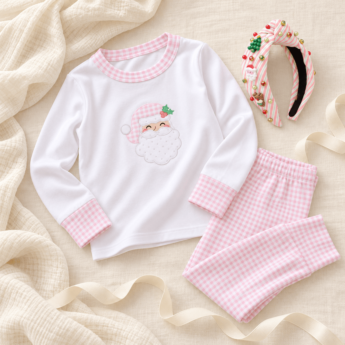 Magnolia Baby_Girl Christmas Pajamas + Poppyland Santa's Stripes Headband - Sweet St. Nick_2