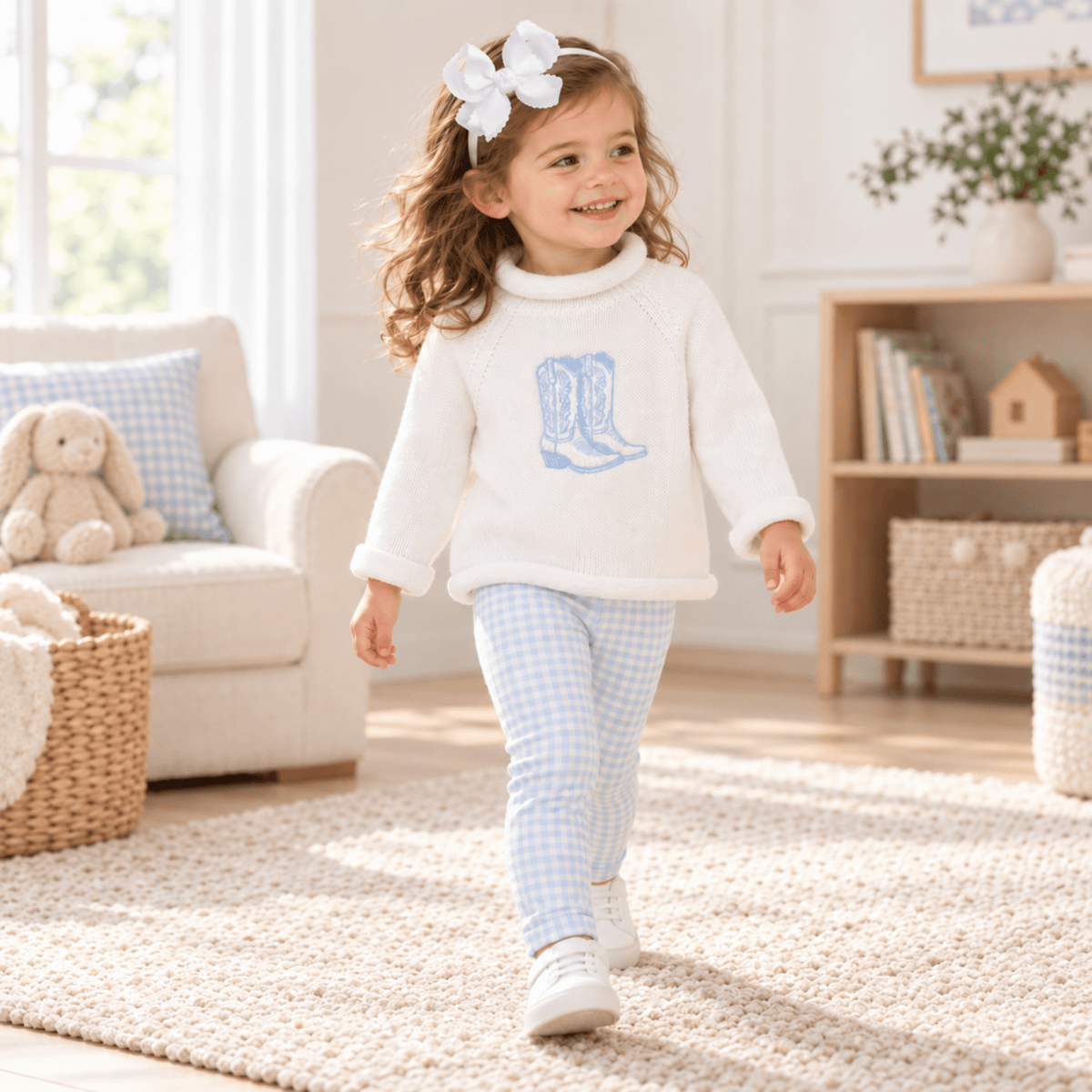 Magnolia Baby_Girl Playwear Set - Blue Darling Cowboy Boots + Gingham Check Leggings_1
