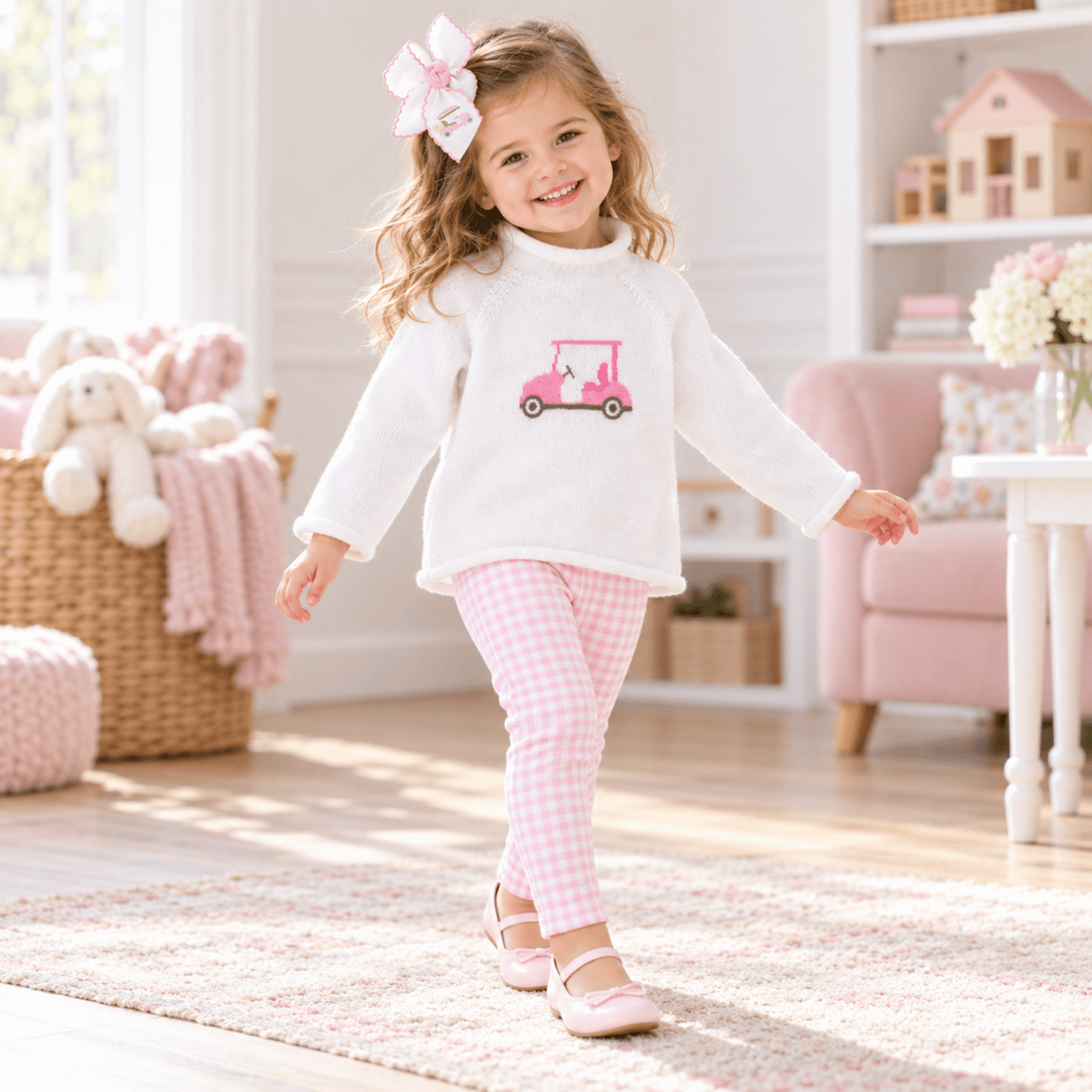 Magnolia Baby_Girl Playwear Set - Little Golfer Sweater + Pink Gingham Leggings_1