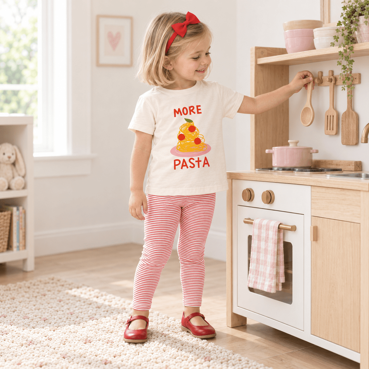 Magnolia Baby_Girl Playwear Set - More Pasta & Red Striped Leggings_1