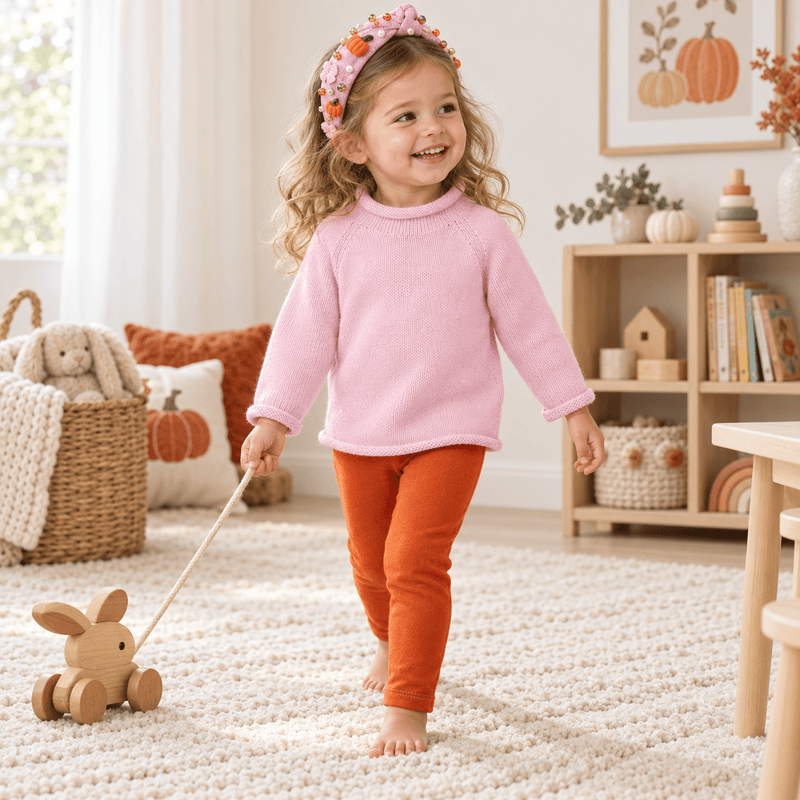 Girl Playwear Set - Pink Rollneck Sweater & Pumpkin Spice Leggings
