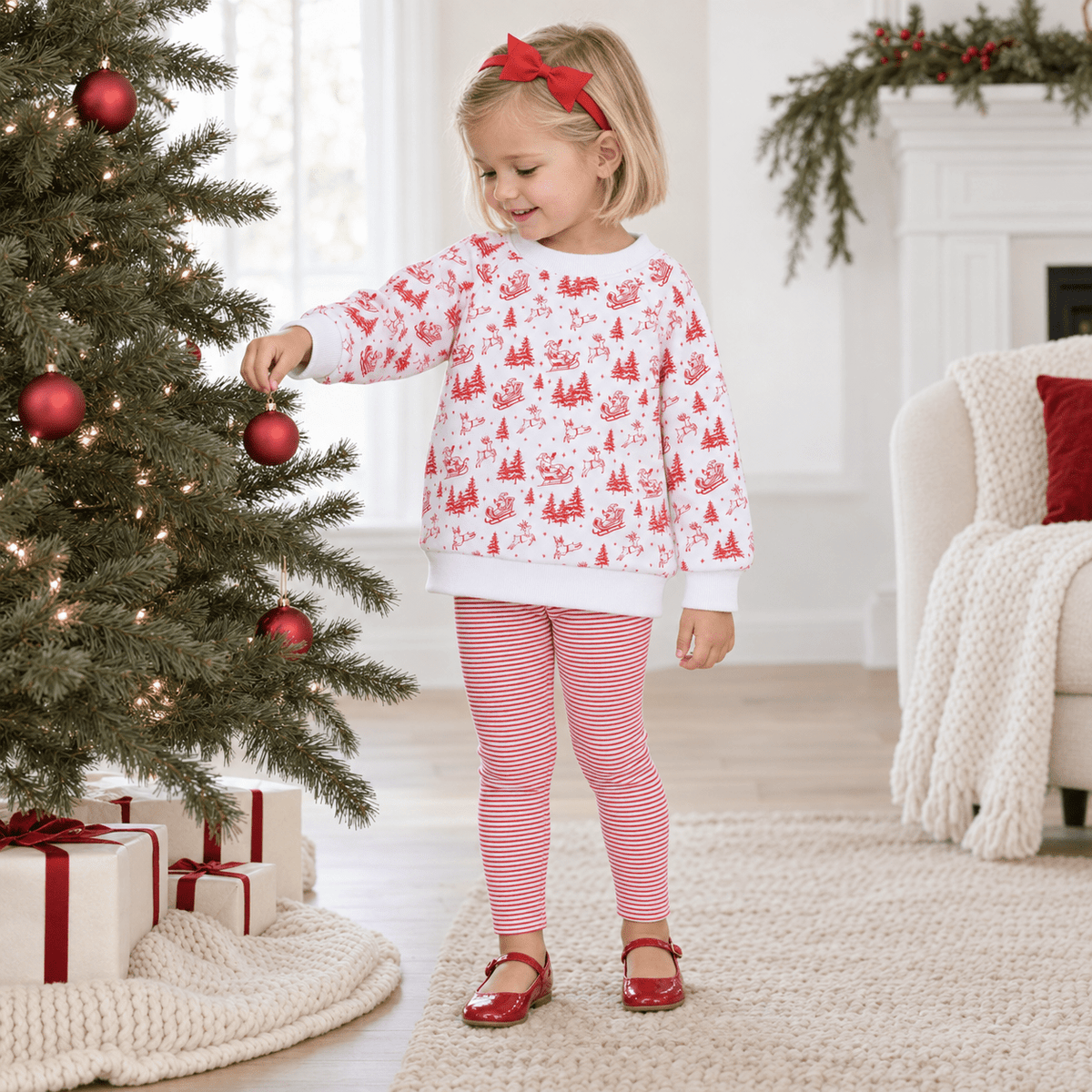 Magnolia Baby_Girl Playwear Set - Red Holiday Toile Sweatshirt & Leggings_3