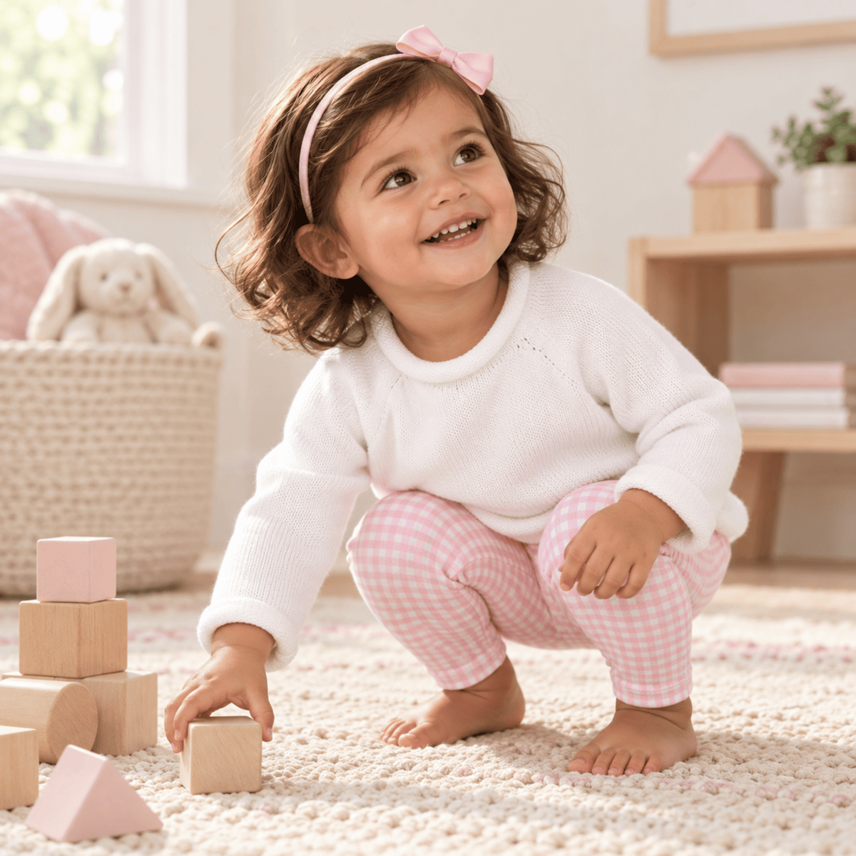 Magnolia Baby_Girl Playwear Set - White Rollneck Sweater + Pink Gingham Leggings_1